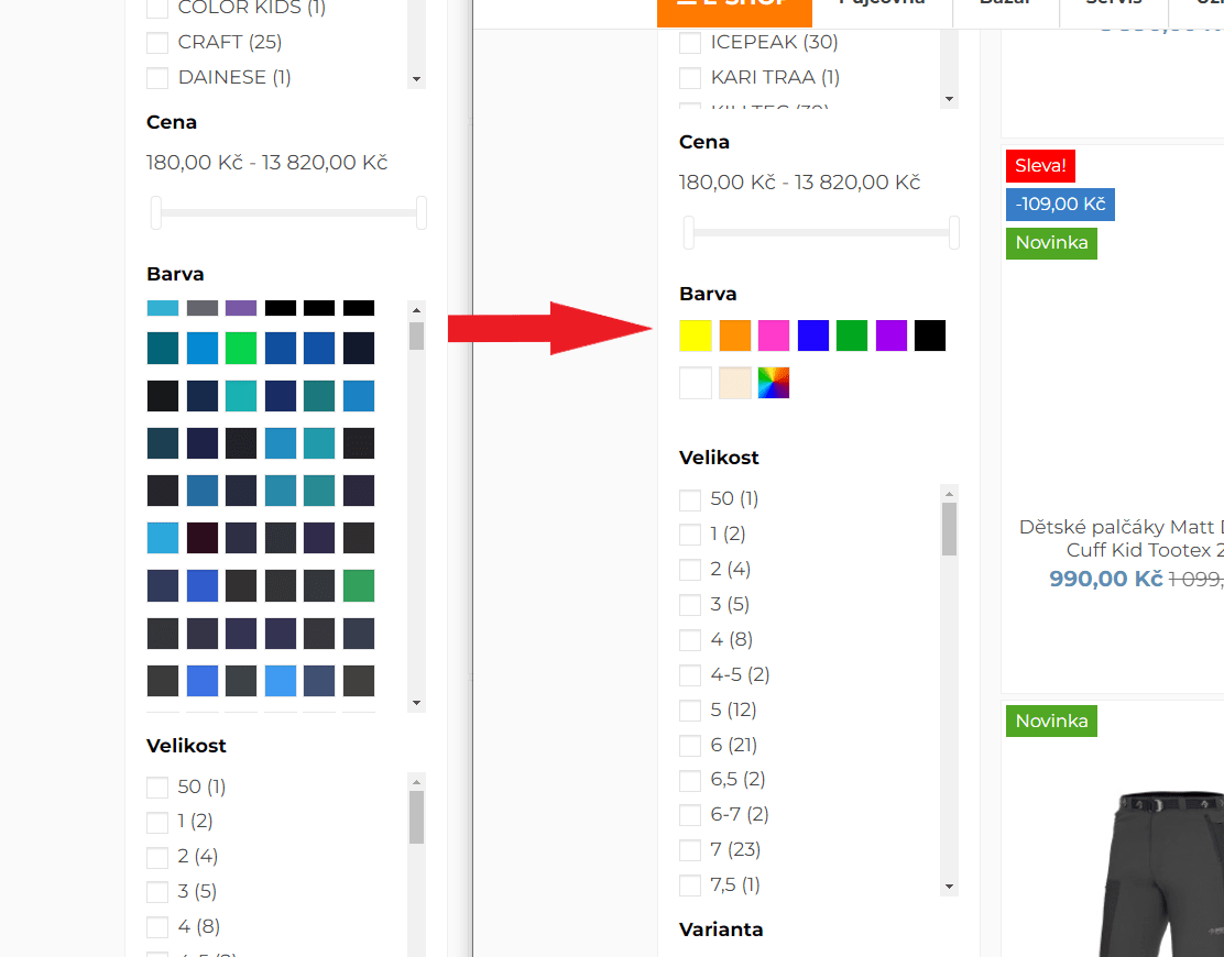 barevné atributy se napárují na zástupce dané barvy pro fasetovou navigaci